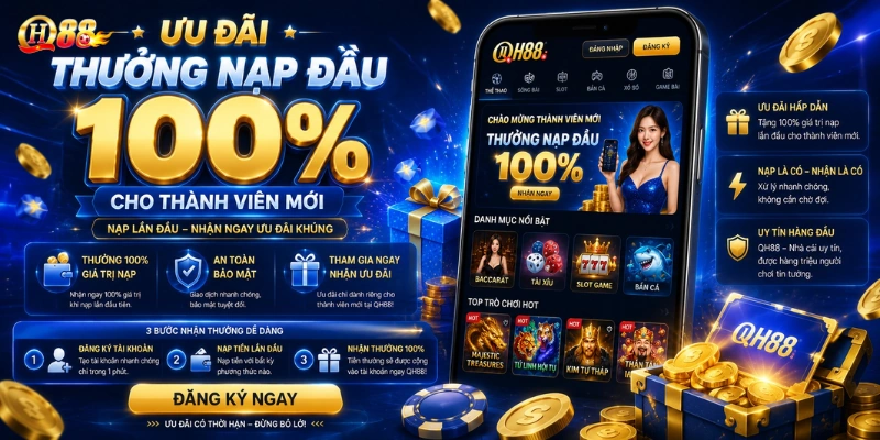 Ưu đãi thưởng nạp đầu 100 phần trăm cho thành viên mới QH88